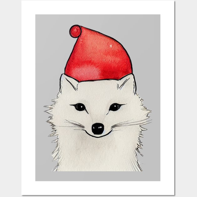 Arctic Fox Wearing Santa Hat v3 Wall Art by fistikci